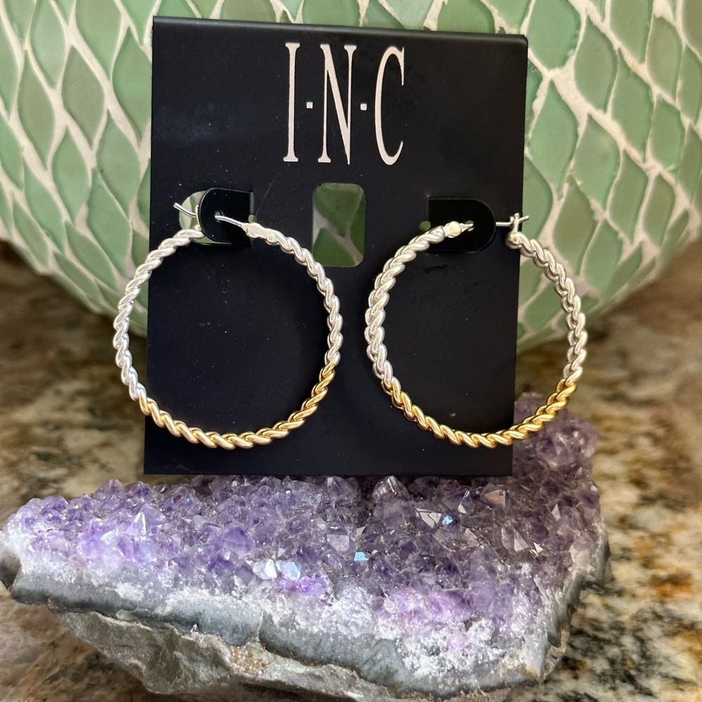 INC Two Tone Rope Hoop Earrings - Picture 2 of 6